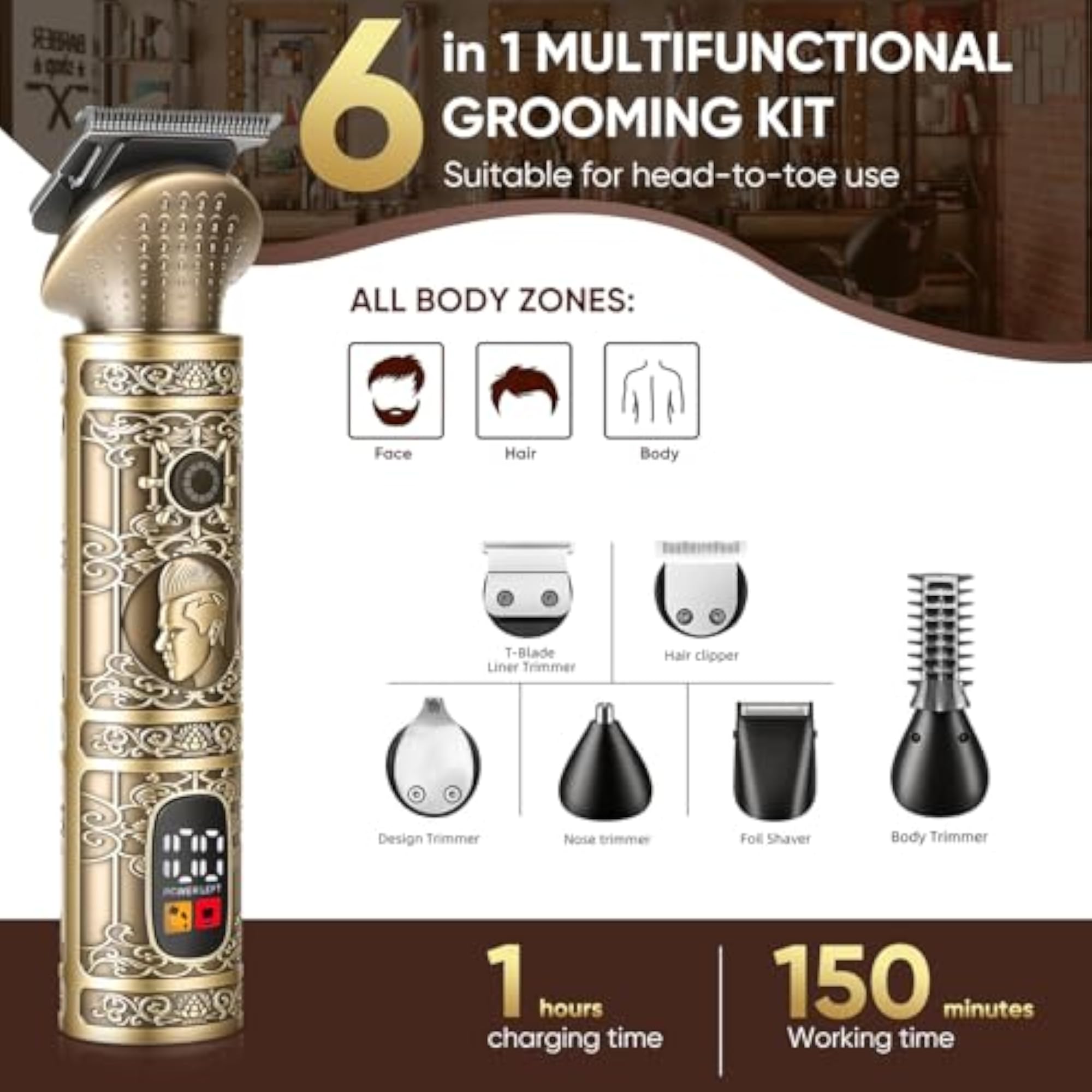 Men's 6-in-1 Cordless Hair Clipper Shaving Kit