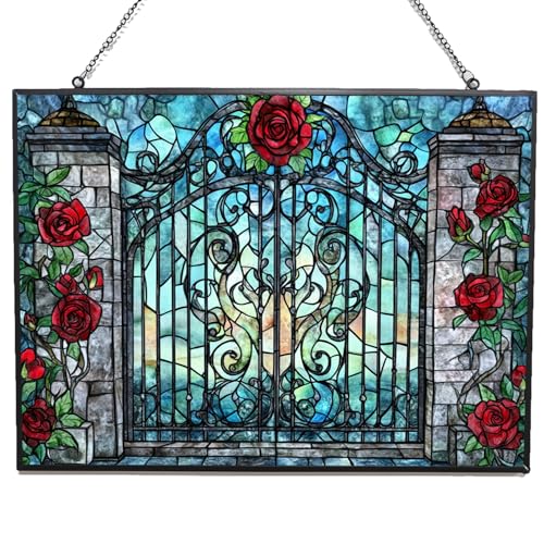 365CUSGIFTS Personalized Rectangle Gothic Rose Gate Stained Glass Window Hanging, Suncatcher for Women, Stained Glass Window Decor Perfect Home Décor