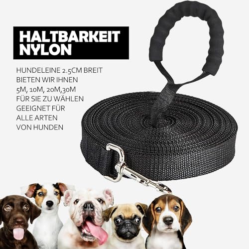 Dubest Schleppleine für Hunde,5M 10M 20M 30M Hundeleine Ausbildungsleine mit Weich Handschlaufe und Karabiner Robuste Nylon Trainingsleine für Kleine bis Große Hund (5M, Schwarz)