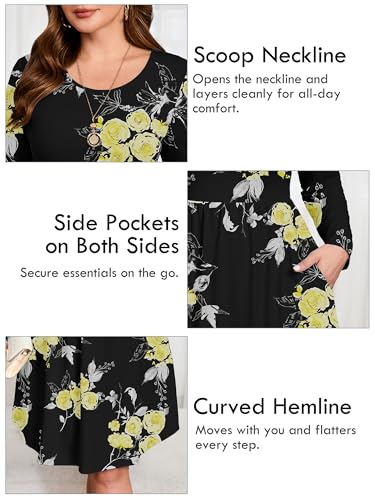 Image of AusLook Women's Plus Size Long Sleeve Midi Dress Casual Empire Waist Loose Flowy Dresses A-Line Boho Long Dress with Pockets