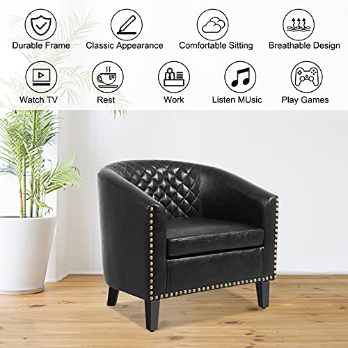 Ssline Armchair Barrel Club Chair,Modern Pu Leather Accent Chair Arm Club Chair W/Nailheads And Solid Wood Legs,Tub Barrel Style Lounge Chair For Living Room Bedroom Reception Room (Black-3) #TOP5