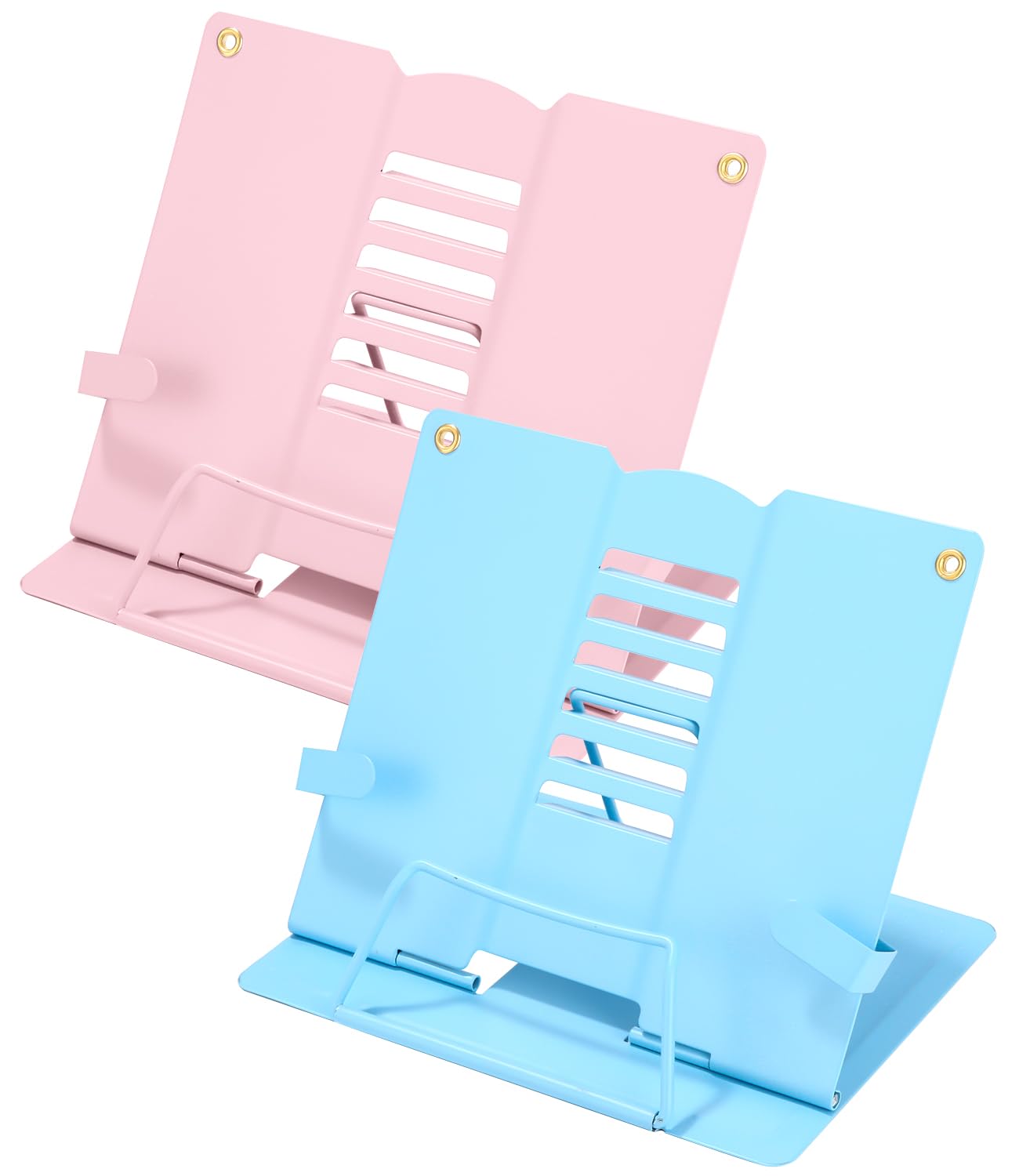 Muxiao 2 Piezas Atril de lectura de metal,soporte para libros infantiles,soporte para libros de cocina con 6 Alturas Ajustables para Leer,para Tableta,Libro de Recetas,Cocina,Oficina(Rosa+Azul)