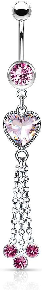 Forbidden Body Jewelry Surgical Steel Dangle Belly Button Ring Featuring CZ Heart and Chains