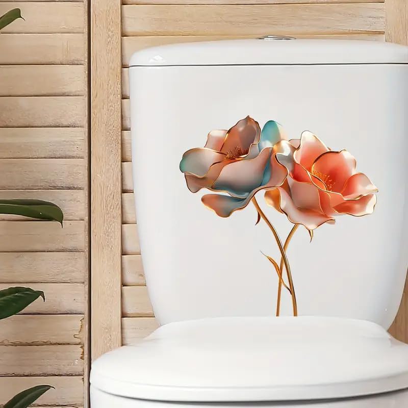 3D Floral Toilet Cover Sticker Decals,Fish Bird Flower Leaf Waterproof Toilet Lid Tank Seat Decals Cistern Self-Adhesive Bathroom Wall Sticker