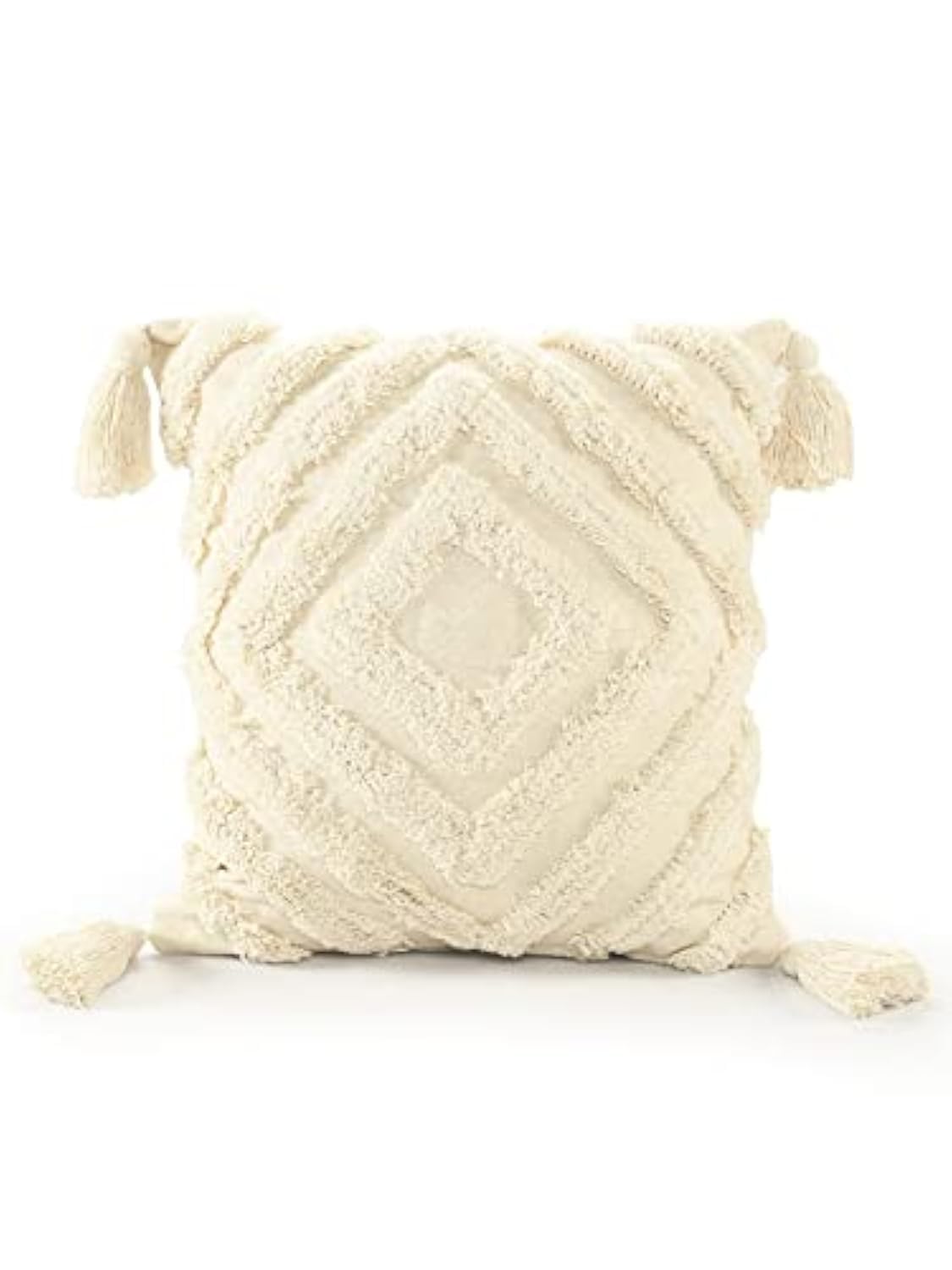 SASHAA WORLD Tasselled and Tufted Cushion Cover | Decorative Throw Pillow for Sofa or Bed | Boho Style Diamond Pattern, Cotton with Zipper Closure for Home Décor | 40x40 cms, Ivory