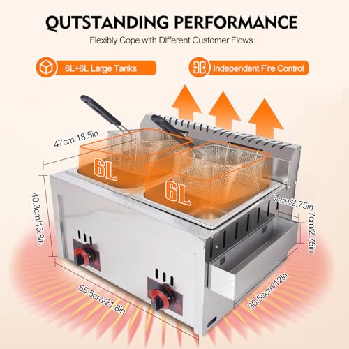 rzoizwko Gas Fritteuse 20L Gas-Fritteuse Edelstahl Fritteuse mit 2 Pommes Körbchen, Doppelter Tank Fritteuse Maschine für Restaurants, Cafés, Imbissstuben – Bild 3