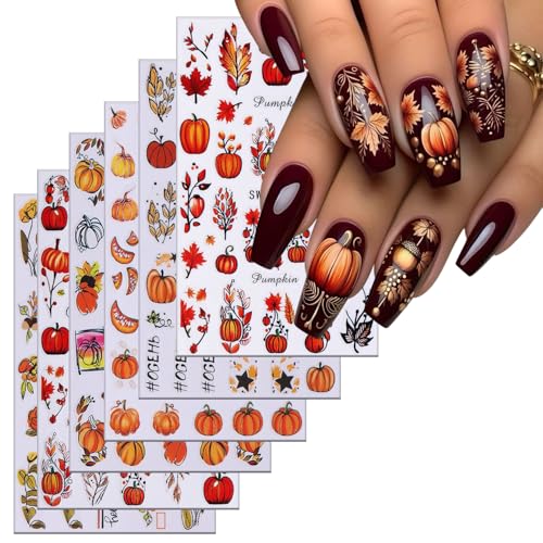 6 Sheets Thanksgiving Nail Art Stickers 3D Self -Adhesive Fall Maple...