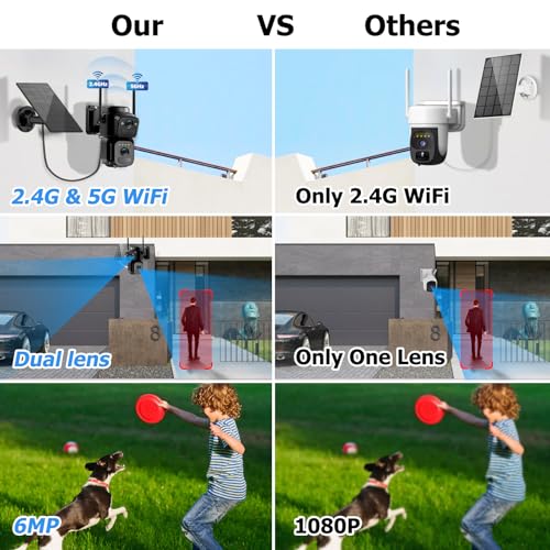 Uniter Dual Lens Solar Security Cameras Wireless Outdoor, 5G/2.4G WiFi 6, Panoramic & Tracking Cam 2-in-1, 6MP Color Night Vision/Motion Detection/Person Tracking/Spotlight Siren/PTZ/2-Way Audio
