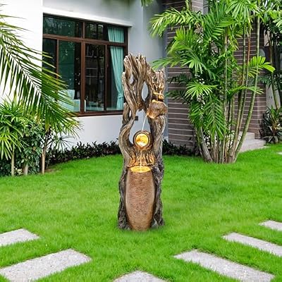 Autodaya 42.7" Tall Outdoor Water Fountain with LED Lights, 3-Tier Rainforest Waterfall Tree Trunk and Jar Garden Fountain, Ideal for Serene Relaxing Patio, Yard or Porch