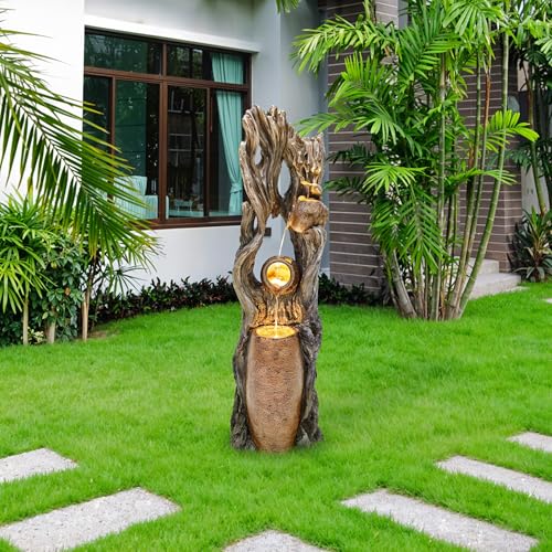 Autodaya 42.7in Tall Outdoor Water Fountain with LED Lights, 3-Tier Rainforest Waterfall Tree Trunk and Jar Garden Fountain, Ideal for Serene Relaxing Patio, Yard or Porch - Thumbnail 2