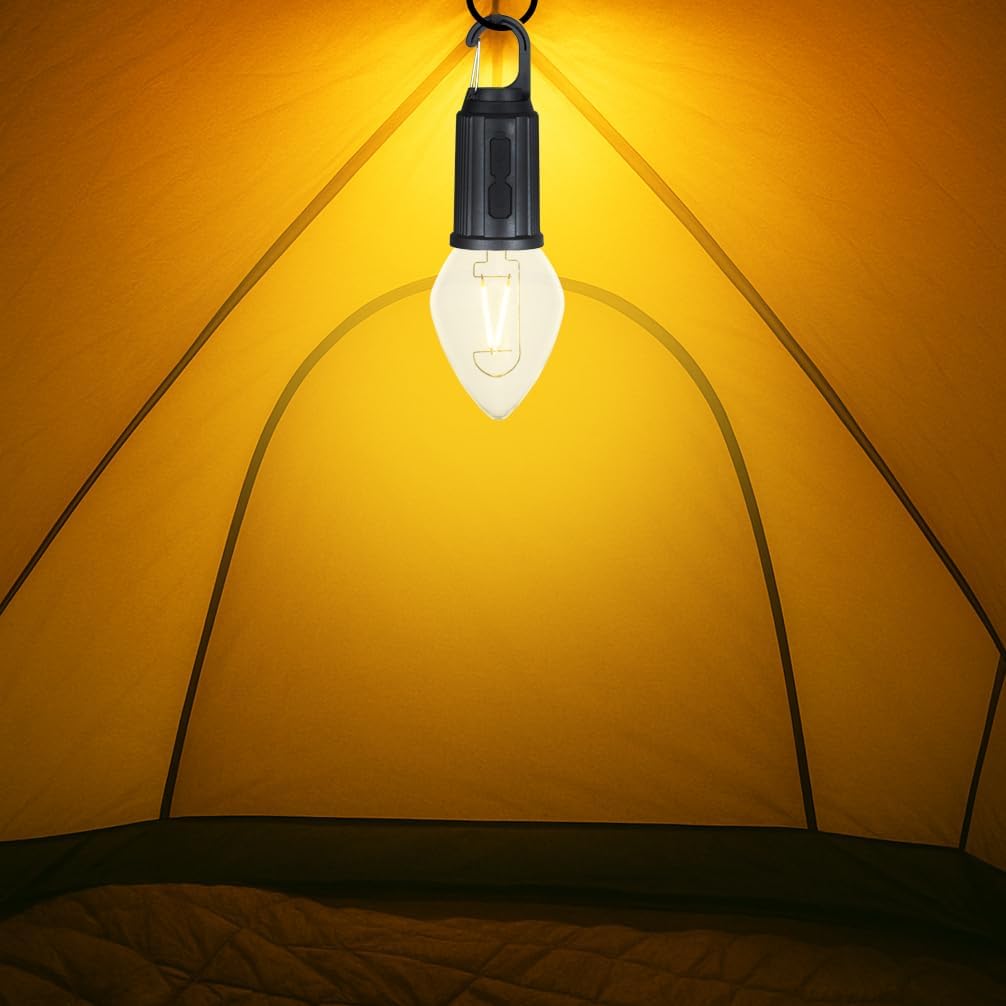 4-Pack Rechargeable Camp Light, Warm White LED Teardrop Bulb, Battery Powered with USB-C, Shatterproof Globe on Carabiner, 3 Brightness Levels