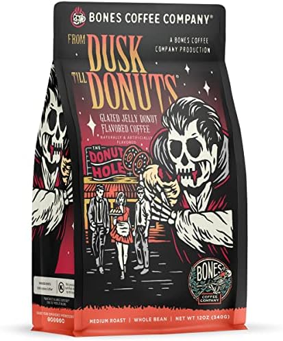 Bones Coffee Company From Dusk Till Donuts Jelly Donuts Flavor | 12 oz Ground Coffee Beans Flavored Coffee Gifts | Low Acid Medium Roast Gourmet Coffee Beverages (Ground)