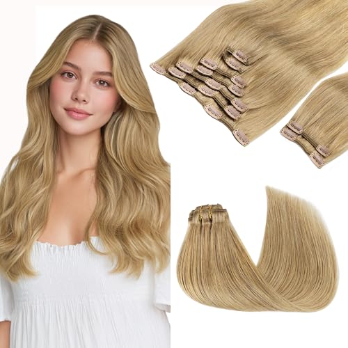Image of GOO GOO Clip in Hair Extensions Real Human Hair, Remy Human Hair Extensions Clip ins for Women, Natural Human Hair, 18inch 150g 9Pcs, 7 Bronde