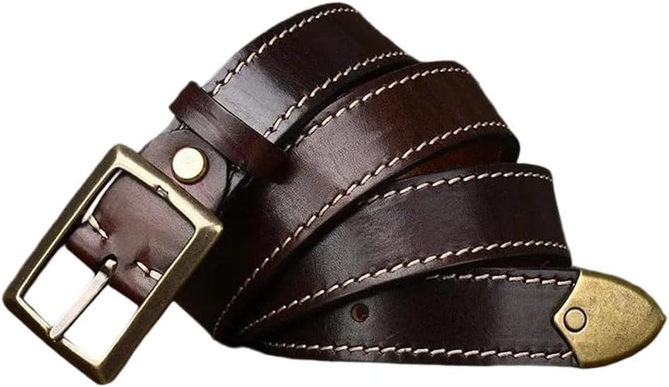Unisex Leather Belt - 3.3 cm Solid Cowhide with Brass Buckle, Reversible Design