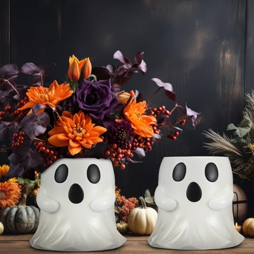 SiliFine 2 Pcs Ghost Bucket Decor 6 Inch Halloween Ghost Planter Vase Decor with Cute Design Candy Bucket Candy Bowl for Halloween Indoor Outdoor Home Display Stand Decoration (White)