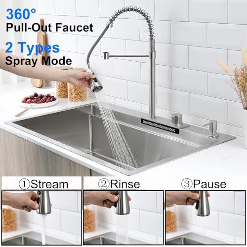 BoomHoze 33-inch Drop in Waterfall Kitchen Sink Workstation, 33x22 Drop in Kitchen Sink with Waterfall Faucet Single Bowl 16 Gauge Stainless Steel Top Mount All in One Kitchen Sink with Faucet