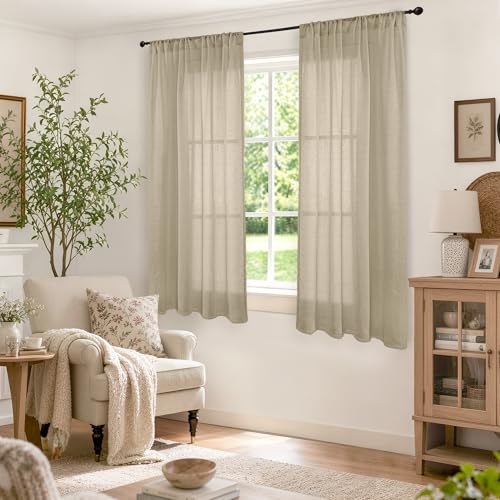 Image of BGment Camel Linen Curtains 48 Inches Long for Short Bedroom - Semi Sheer Light Filtering Window Drapes with Rod Pocket Textured Lightweight for Dining Living Room, 2 Panels Set, Each 42 Inch Wide