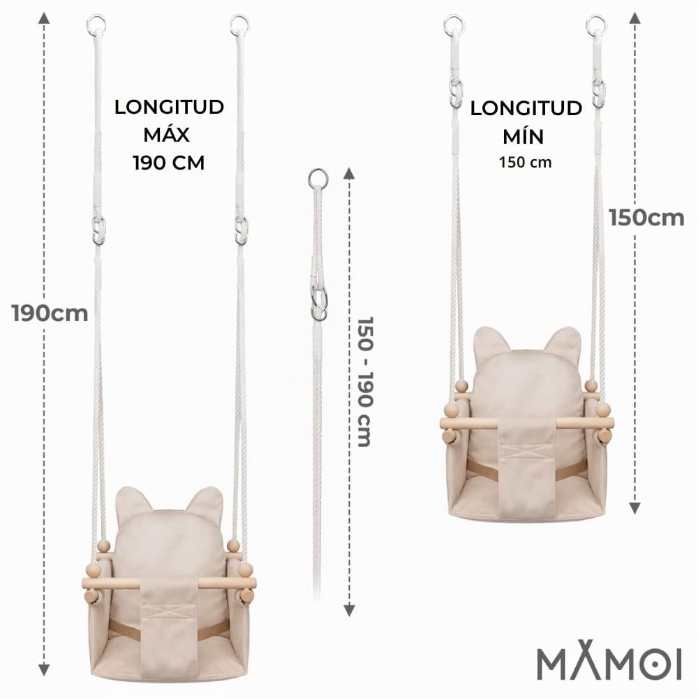 MAMOI® Columpio niños + Cinturón de Seguridad | 190-260cm Ajuste de la Altura del Techo | Columpio Infantil Interior Exterior | Columpios Infantiles | Columpio niño | CE | 100% Eco | Hecho en la UE