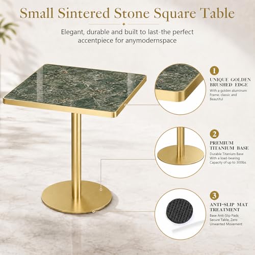 Image of 63 inch Square Dining Table, Tulip Table with 1.2 inch Thick Sintered Stone Tabletop and Golden Metal Pedestal Base, Small Square Dining Tables for Diner,Bar,Restaurant,kitchen,Bakery,Apartment (Verde Alpi)