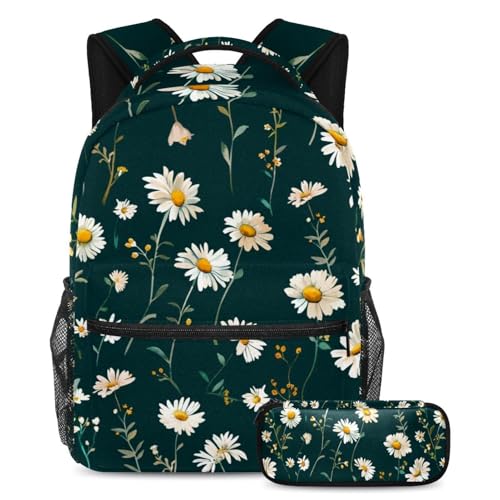 Sac à dos marguerites vert foncé grand format avec trousse assortie pour adolescents