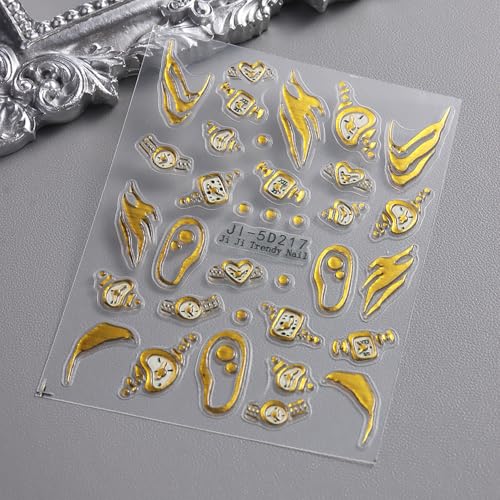 2 Sheets Gold French Nail Decals for Nail Art Embossed Watch Nail Art Stickers Fall Winter Nail Nail Stickers 5D Self-Adhesive Gold Nail Decoration for Women Nails Design Supplies - Thumbnail 7