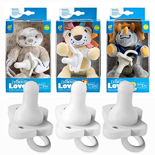 Image of VIRTUAL BUNDLE: Dr. Brown’s Lovey Pacifier and Teether Holder with HappyPaci Silicone Pacifier, Sloth, Lion, Triceratops Variety Pack 0-6m