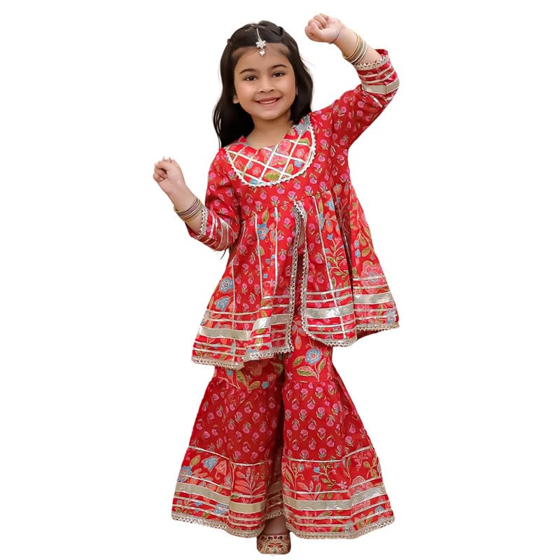 Image of superminis Girls Cotton Floral Printed Gotta Work 3 /4 Sleeves Flared Design Kurti & Sharara Set