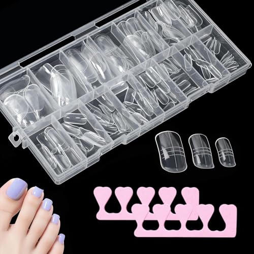 300 Stück Dual Tips Nägel Tips für Fussnägel Fußnägel Tips Verpackung Transparent mit Skala,15 Größen,Schnellverlängerte Nagelschablone,Wiederverwendbar,Nagelkunst DIY,2 Stück Schwamm Toe Separator
