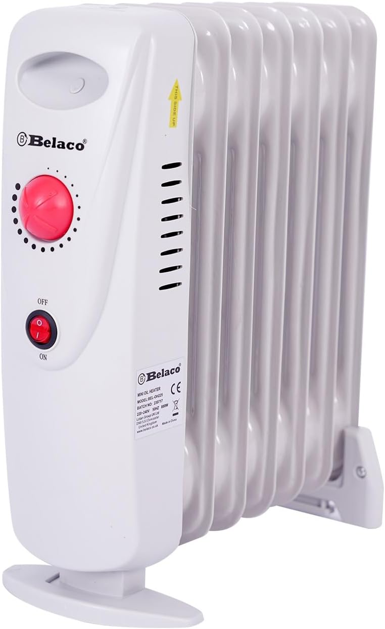 Belaco 800W Mini Oil Filled Radiator, 7 Fin Portable Electric Heater with Adjustable Thermostat, Quiet Energy Efficient Room Heater