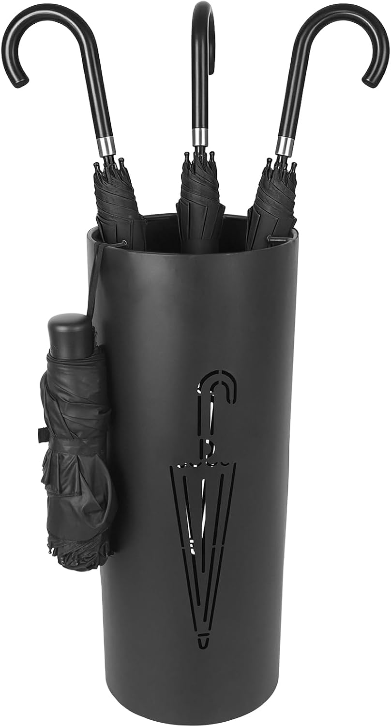 DreamsEden Metal Umbrella Stand Holder - Round Umbrella Rack with 3 Hooks, Standing Bin Organizer for Entryway Home & Office for Umbrellas Canes Walking Sticks (Black)