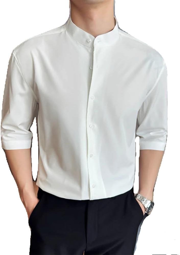 Xingfenly Chinese Style Standing Collar Shirt for Men Half Casual