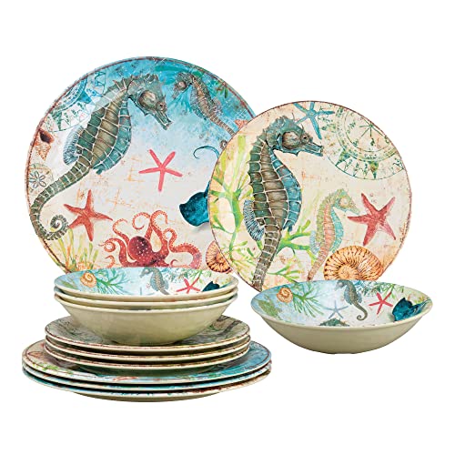 Upware 12-Piece Melamine Dinnerware Set, Includes Dinner Plates, Salad Plates, Bowls, Service For 4. (Seahorse) #TOP24