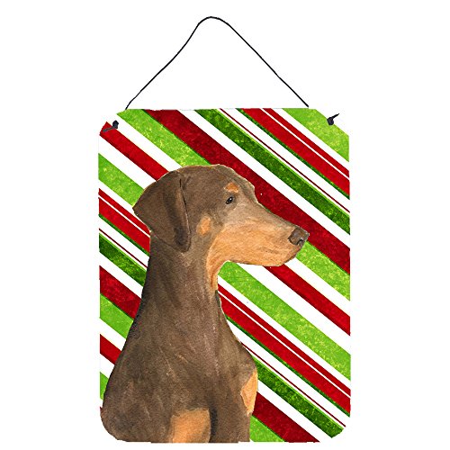 Caroline's Treasures SS4548DS1216 Doberman Candy Cane Holiday Christmas Wall or Door Hanging Prints Aluminum Metal Sign Kitchen Wall Bar Bathroom Plaque Home Decor Front Door Plaque, 12x16, Multicolor