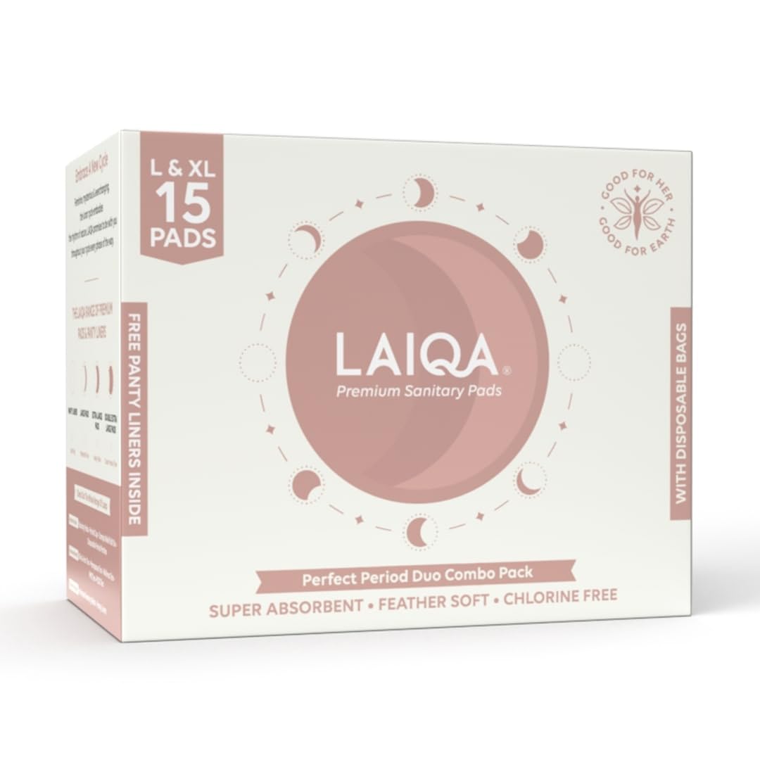LAIQA Premium Rash Free Sanitary Pads 10L+5XL Duo Combo with 15 Disposable Bags Plus 3 Free Panty Liners | Made with Natural Fibers | Leak Proof Pads With 4 Wings | No Chlorine No Fragrance | Pack of 1 (B09FKBDSM8) Amazon Price History, Amazon Price Tracker