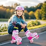 Wrotki dziecięce dla dziewcząt, chłopców, regulowane, 8 kółek Light Up, Quad dla dziewcząt, chłopców, małych dzieci, początkujących, do użytku wewnątrz i na zewnątrz (różowe, M (EU32-36))