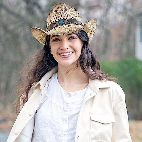 Tovoso Straw Cowboy Hat For Women And Men With Shape-It Brim, Western Cowboy Hat (Turquoise - Tea Stain) #TOP1