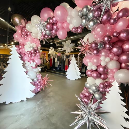 Image of Pink Winter Wonderland Balloons, 60PCS Pearl White & Pink Double Stuffed Balloons, Metallic pink Silver and Snow Balloon for Princess Ice Wonderland Baby Shower Christmas Birthday Party Decorations
