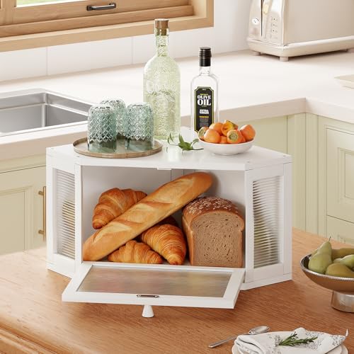 Image of WOWLIVE Corner Bread Box for Kitchen Countertop, Bamboo Bread Storage Container, Large Farmhouse Bread Holder with Acrylic Wavy Door Panel, Multi-functional Container, White