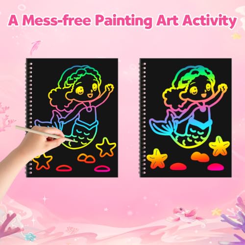 Image of ZMLM Scratch Paper Art Craft: 2 Pack Rainbow Scratch Set for 3 4 5 6 7 8 9 10 Years Old Girls Boys Students Drawing Coloring Black Magic Art Supplies Kits Gifts School Birthday Party Toys (Mermaid)