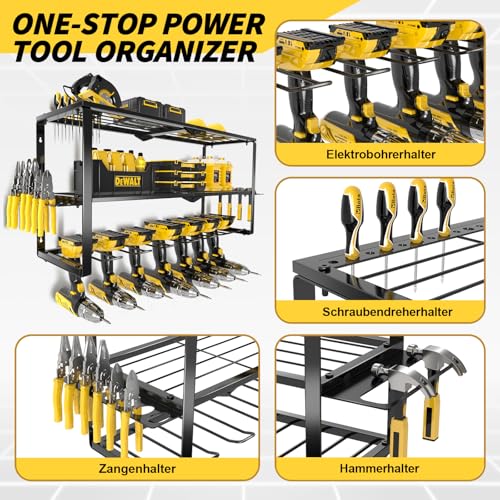 Werkzeug Wandhalterung,Akkuschrauber Halterung,3 Ebenen Werkzeugständer ,Werkzeugspeicher Aufbewahrung,Mit 7 Bohrerhaltern für Garage,Werkzeug Wandhalterung für Garage, Werkstatt,66*31*20CM