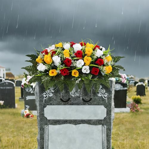 Artificial Cemetery Flowers Saddle, Grave Flowers Rose for Cemetery, Memorial Headstone Flowers Saddle for Grave Tombstone Decorations (1, Red & Yellow & White) image 5