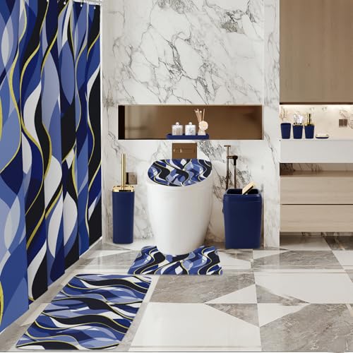 XLHOMO Bathroom Set - Blue and Gold Bathroom Accessories, Bathroom Sets with Shower Curtain and Rugs, Navy Blue Shower Curtain Set with Bathroom Trash Can, Soap Dispenser, Soap Dish for Home Decor by XLHOMO - Image 7