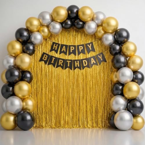 Image of Just Party Happy Birthday Decoration Kit, Gold Silver and Black - Pack of 60 | Super Shinny Balloons for Birthday Decoration | Birthday Balloons for Kids & Adults | Super Shinny Foil Fringe Curtains