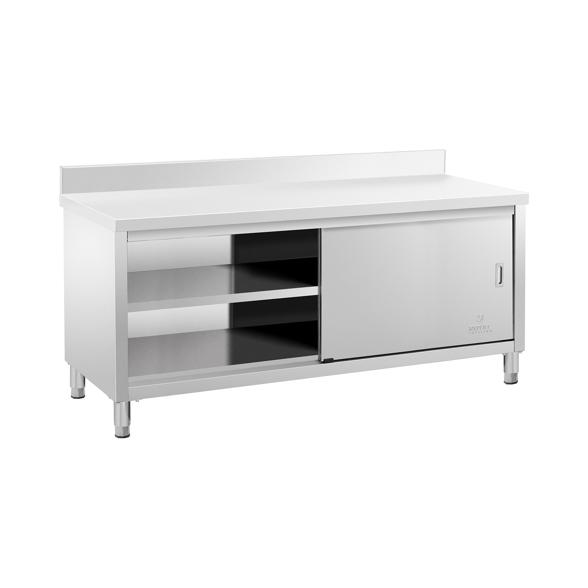 Royal Catering Arbeitstisch Edelstahltisch mit Unterschrank 200 x 60 cm mit Aufkantung bis 500 kg höhenverstellbare Füße Edelstahl-Tisch Arbeitsschrank Edelstahl Gastro-Edelstahlschrank
