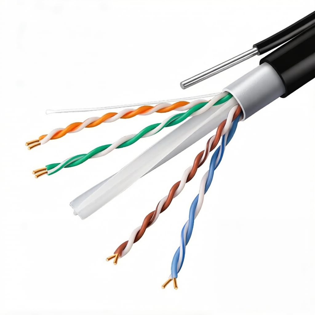 Cavo Ethernet da 61 m, Cat6, impermeabile, per esterni, con messenger, rame puro, doppie giacche (PVC + LLDPE), UTP, 23AWG, POE, resistente alle intemperie e ai raggi UV, ideale per reti all'aperto