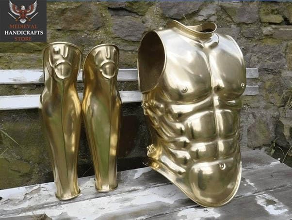 Medieval Brass Knight Roman Muscle Armor Cuirass Warrior Chest Armour with Leg Guard Costume