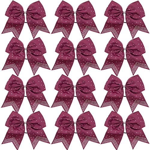 Hipcheer 12PCS 8" Rhinestones Large Cheer Hair Bows for Girls, Hand-made Grosgrain Ribbon Hair Accessories for Teen Girls Softball Cheerleader Sport (Maroon)