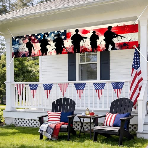 Image of BlissYard Thank You Veterans Banner Patriotic Banner for Outside 118 x 20 Inch 4th of July Memorial Day Veterans Day Backdrop American Flag Outdoor Decorations for Yard Fence Porch