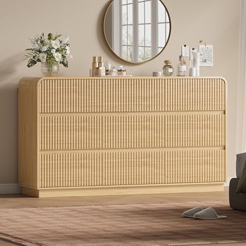 Wodeer Oak Dresser Fluted 9 Drawers Dresser for Bedroom, 59" Wide Wood Chest of Drawers with Hidden Handles & Rounded Corners, Modern TV Stand Storage Cabinet for Living Room, Hallway, Entryway