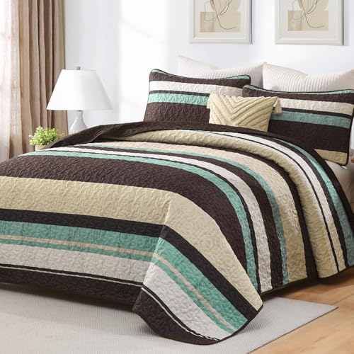 Dobuyly King Size Striped Quilt, Boho Brown Lightweight Bedspread Bedding